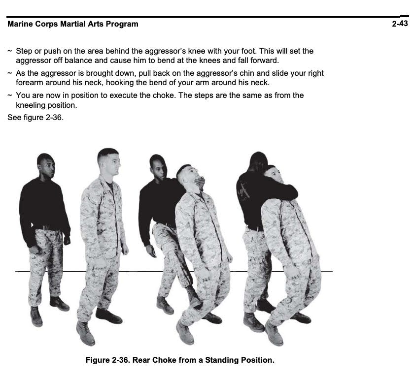 Instructions on a "Rear Choke from a Standing Position" from the Marine Corps Martial Arts Program training manual.