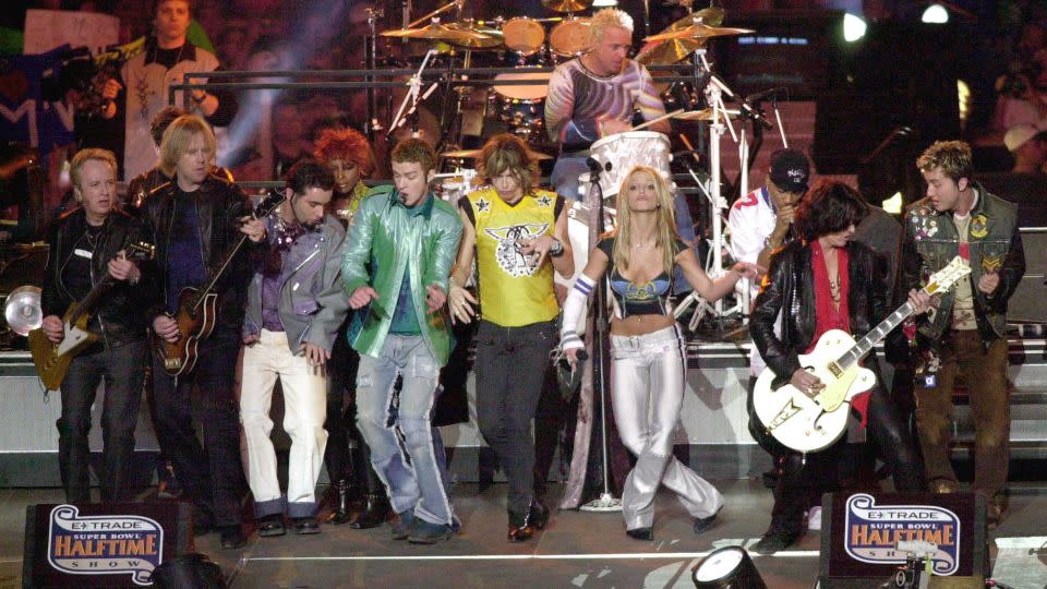 NSYNC, Aerosmith and Britney Spears perform during the halftime show for Super Bowl XXXV January 28, 2001. - Doug Pensinger/Getty Images