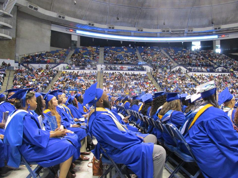 The Class of 2022 waits to receive their diplomas from Fayetteville State University on Saturday, May 7, 2022, at Crown Coliseum.
