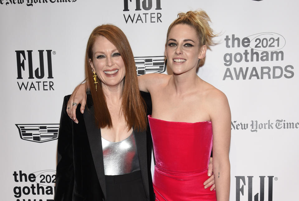 Julianne Moore, left, and Kristen Stewart attend the Gotham Awards at Cipriani Wall Street on Monday, Nov. 29, 2021, in New York. (Photo by Evan Agostini/Invision/AP)