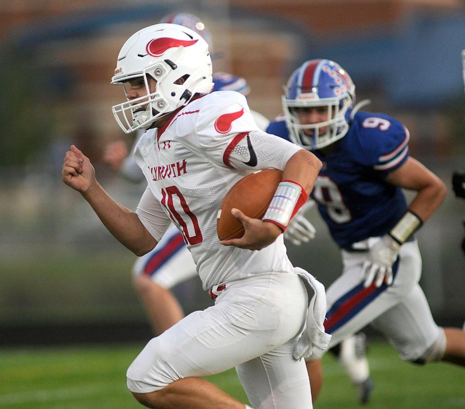 Plymouth's Trace McVey rushes during football action between Plymouth and Mapleton at John E Camp Stadium  Friday September 30,2022  Steve Stokes/for Ashland Times-Gazette