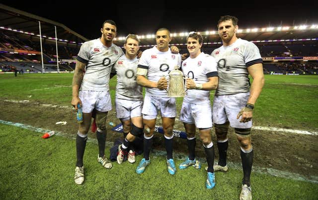 Courtney Lawes (far left) and Luther Burrell (third from left) pictured on England duty