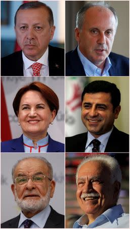 A combination of file pictures shows Turkey's presidential candidates for the election on June 24, 2018. First row, L-R: Turkish President and leader of AK Party Tayyip Erdogan, Muharrem Ince, candidate of Turkey's main opposition Republican People's Party (CHP). Second row, L-R: Iyi (Good) Party leader Meral Aksener, Selahattin Demirtas, jailed former co-leader of pro-Kurdish Peoples' Democratic Party (HDP). Third row, L-R: Temel Karamollaoglu, leader of Islamist Saadet Party and Dogu Perincek, leader of Vatan Party. REUTERS/Staff