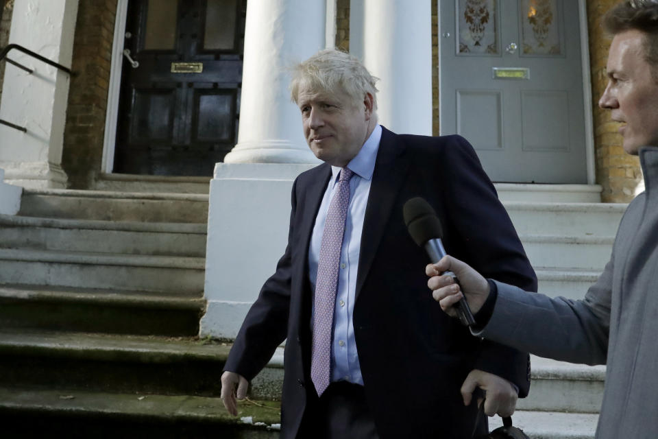 British Conservative party leadership and prime minister contender Boris Johnson leaves his home in south London, Thursday June 20, 2019. The race to become Britain's next prime minister is down to the final four on Wednesday, as Boris Johnson stretched his lead among Conservative lawmakers and upstart Rory Stewart was eliminated from the contest. (AP Photo/Matt Dunham)