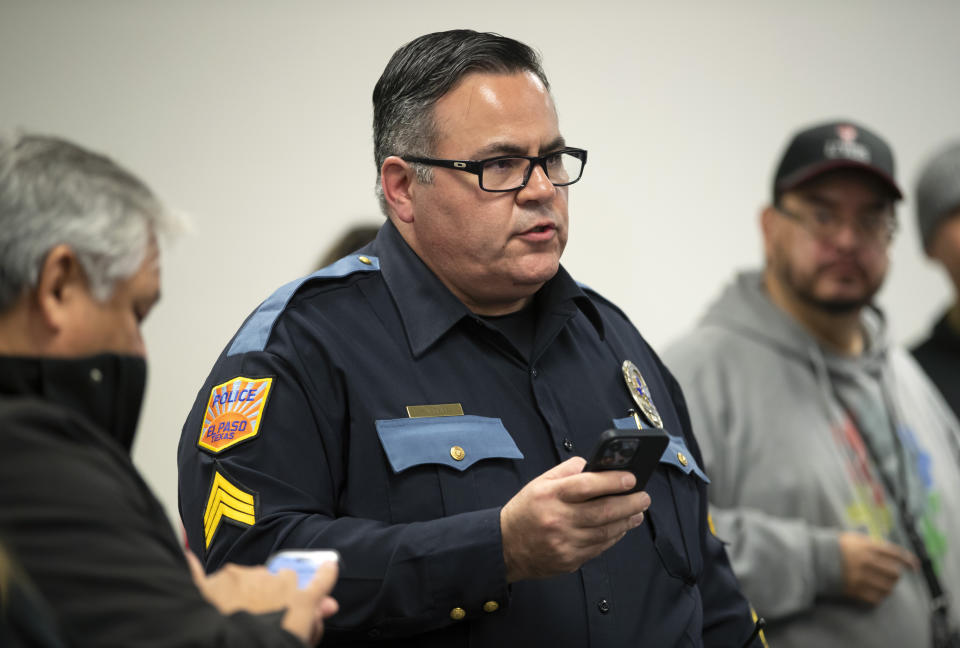 El Paso Police spokesperson Sgt. Robert Gomez speaks to the media during a news conference, Thursday, Feb. 16, 2023 in El Paso, Texas. A shooting at a mall in El Paso, Texas, in which one person was killed and three others were wounded began as a confrontation between two groups of people, police said Thursday.(AP Photo/Andrés Leighton)