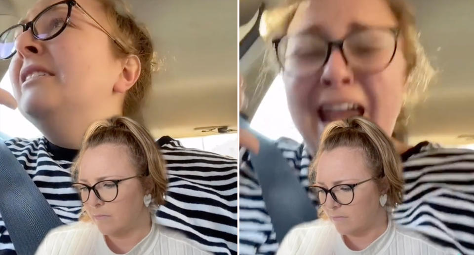 Amanda Lee crying in her car in a TikTok after being dismissed by a doctor.