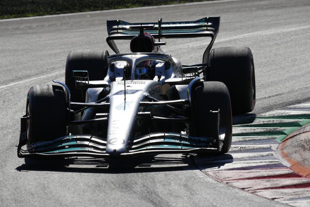 Mercedes driver Lewis Hamilton of Britain steers his car during the Italian Grand Prix race at the Monza racetrack, in Monza, Italy, Sunday, Sept. 11, 2022. (AP Photo/Antonio Calanni)