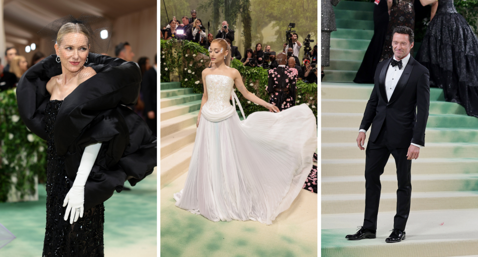 Naomi Watts, Ariana Grande and Hugh Jackman on the 2024 Met Gala red carpet.