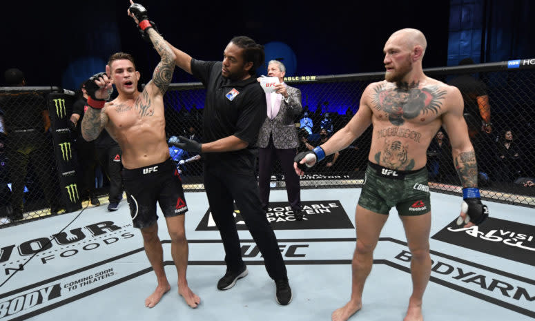 Dustin Poirier reacts after his knockout victory over Conor McGregor