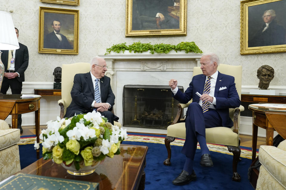 President Joe Biden meets with Israeli President Reuven Rivlin in the Oval Office of the White House in Washington, Monday, June 28, 2021. (AP Photo/Susan Walsh)