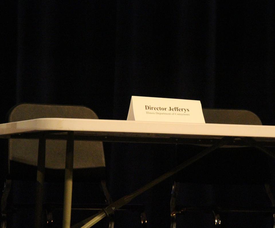 An empty seat for DOC Director Rob Jeffreys at the town hall meeting held Tuesday at PTHS.