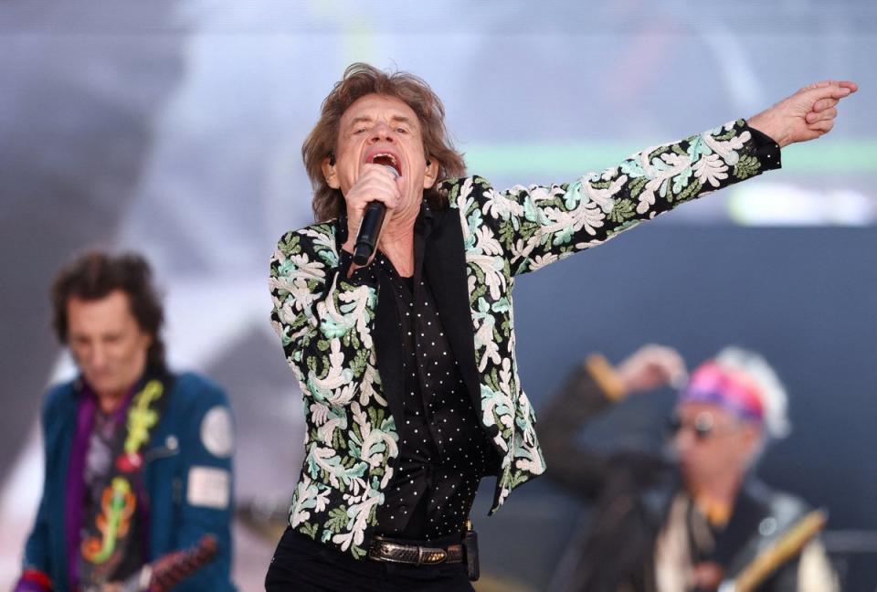 Mick Jagger, Ronnie Woods and Keith Richards of The Rolling Stones perform at the British Summer Time festival at Hyde Park (REUTERS)