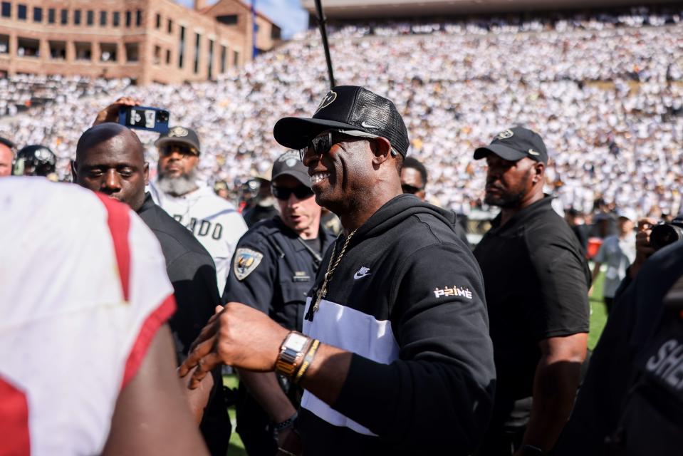 Colorado Buffaloes head coach Deion Sanders after the game against the USC Trojans at Folsom Field in Boulder on Sept. 30, 2023.