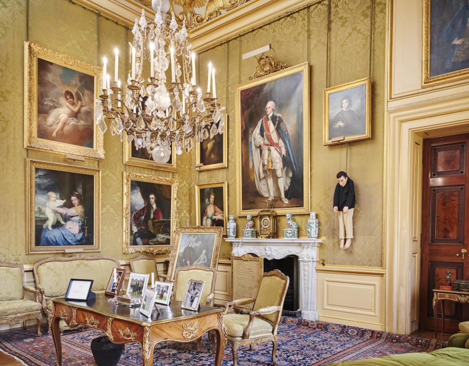 Untitled (Hanging Maurizio), 2000, installed among portraits in the Green Drawing room.