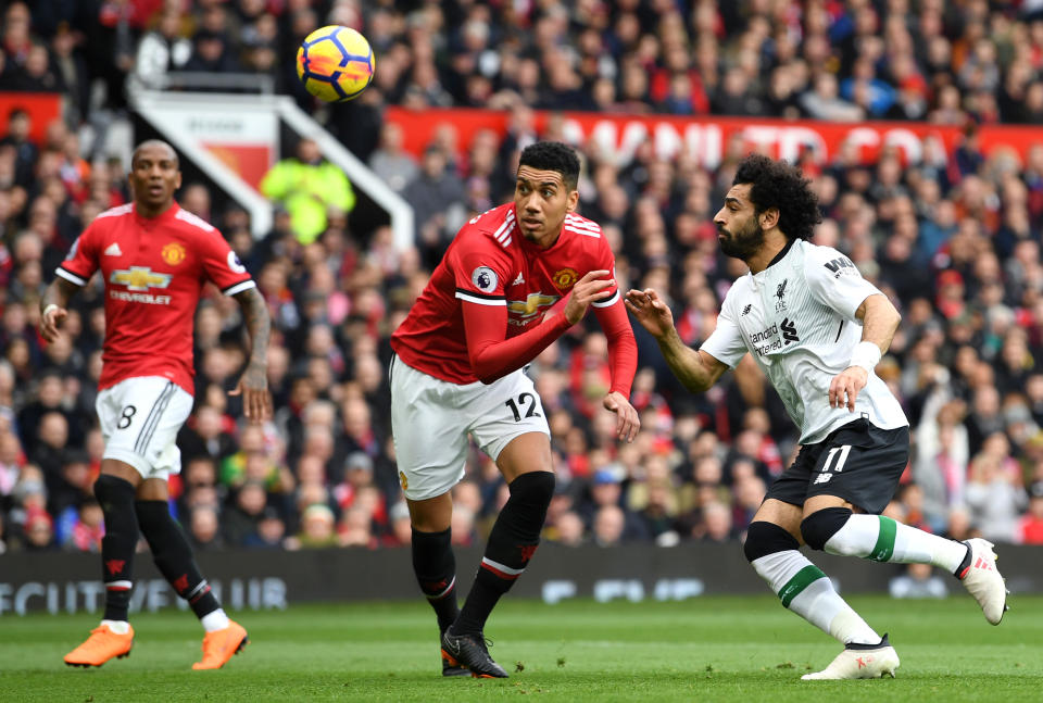 <p>Chris Smalling denies Liverpool’s Mo Salah </p>