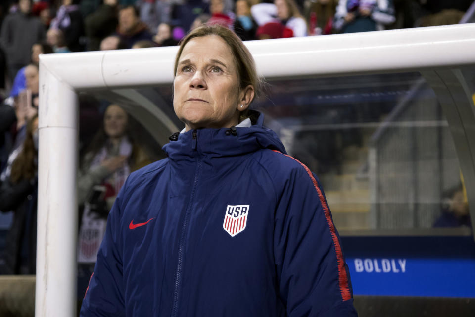 FILE - In this Feb. 27, 2019, file photo, USA head coach Jill Ellis looks on before the first half of SheBelieves Cup soccer match against Japan in Chester, Pa. FIFA's financial results underscore the glaring disparity between men and women’s soccer. France banked $38 million from FIFA for winning the championship in 2018, but the women’s champion this July will earn just $4 million. Ellis, who is leading her team’s title defense in France, said she is disappointed with the financial rewards. (AP Photo/Chris Szagola, File)