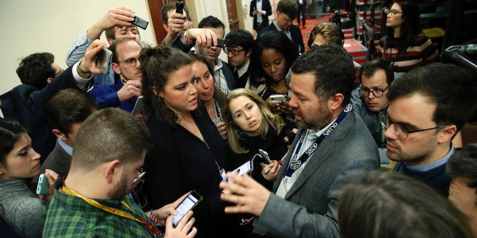 Ari Rabin-Havt, deputy campaign manager for Democratic presidential candidate Sen. Bernie Sanders, I-Vt., speaks to the media about the delay in releasing caucus results late Monday, Feb. 3, 2020, in Des Moines, Iowa.