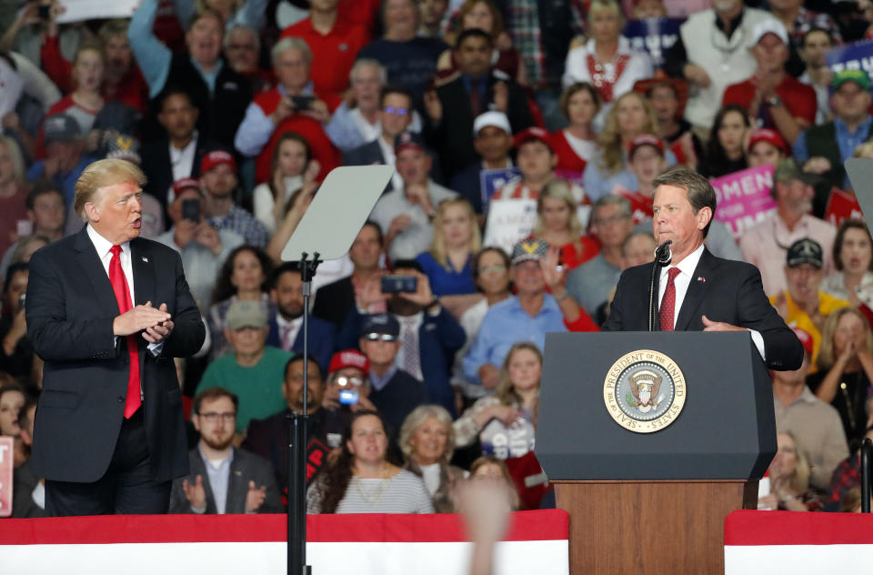 Then-candidate for governor Brian Kemp (R) at a campaign rally with President Donald Trump on Nov. 4 in Macon, Georgia.&nbsp;Kemp won a narrow victory over Democratic candidate Stacey Abrams, amid accusations that he used his position as secretary of state to his advantage.&nbsp; (Photo: ASSOCIATED PRESS)