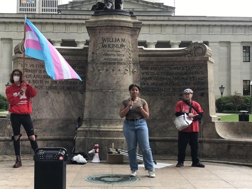 Ohio State medical student Morgan Perryman speaks Saturday, May 7, 2022, in support of abortion rights at a rally at the Ohio Statehouse in Downtown Columbus.