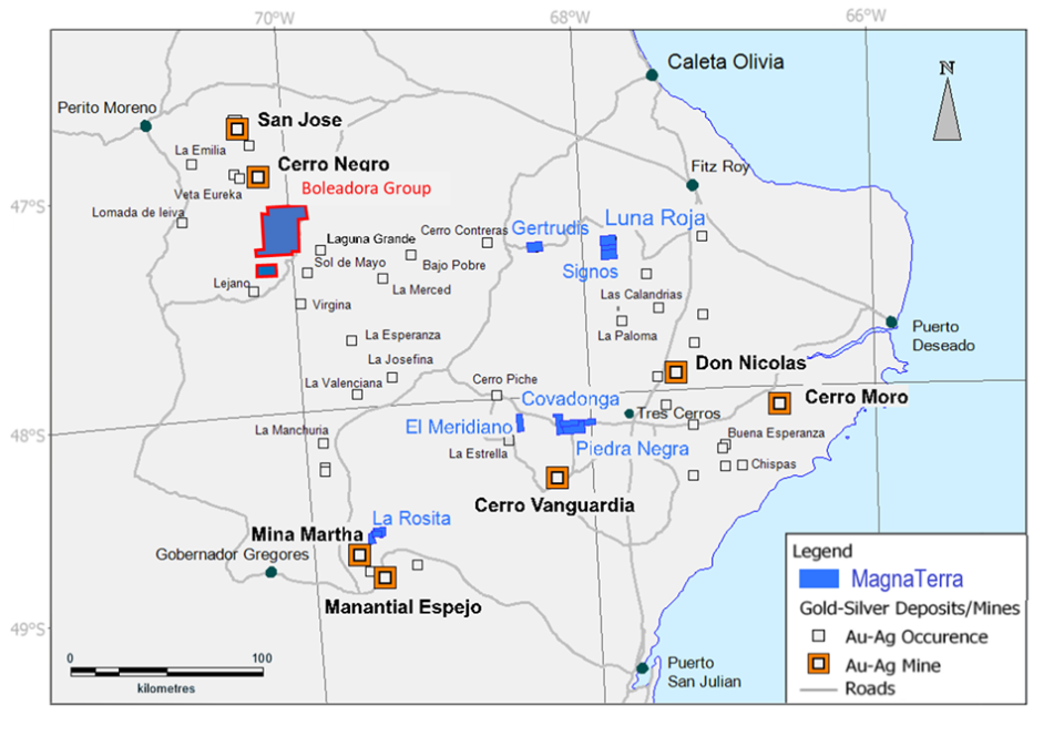 <strong>Figure 1: </strong>Location of Magna Terra exploration projects in Santa Cruz Province, Argentina including the Boleadora Project outlined in red in the northwest of the map near the San Jose and Cerro Negro mines.