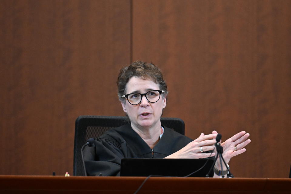 Judge Penney Azcarate speaks during a hearing at the Fairfax County Circuit Court in Fairfax, Va., Tuesday May 3, 2022. Actor Johnny Depp sued his ex-wife Amber Heard for libel in Fairfax County Circuit Court after she wrote an op-ed piece in The Washington Post in 2018 referring to herself as a "public figure representing domestic abuse." (Jim Watson/Pool photo via AP)