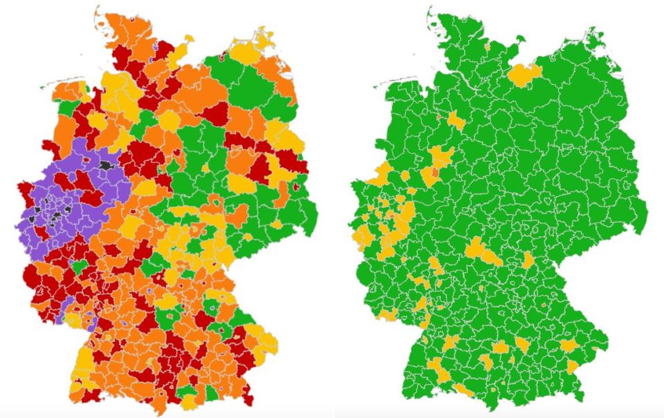 Auf der linken Karte die Inzidenz unter Kindern zwischen 5 und 14 Jahren. Rechts die Inzidenzen in der Altersgruppe 60 bis 79. Stand: 27. August 2021