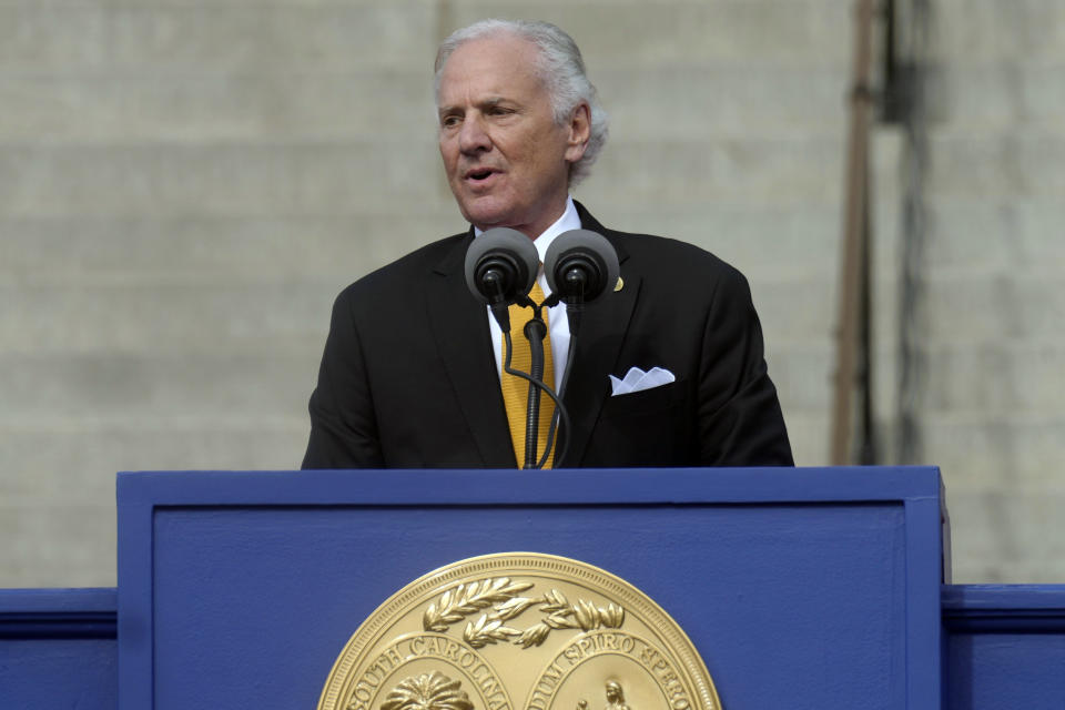 South Carolina Gov. Henry McMaster gives an address at his second inaugural on Wednesday, Jan. 11, 2023, in Columbia, S.C. (AP Photo/Meg Kinnard)