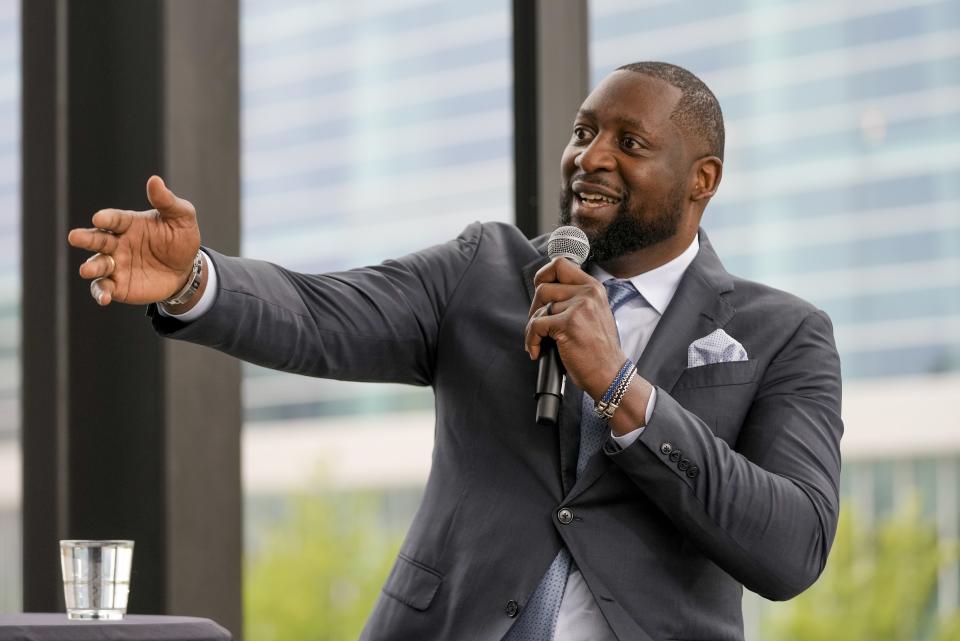 Milwaukee Bucks new head coach Adrian Griffin speaks after being introduced at a news conference Tuesday, June 6, 2023, in Milwaukee. (AP Photo/Morry Gash)