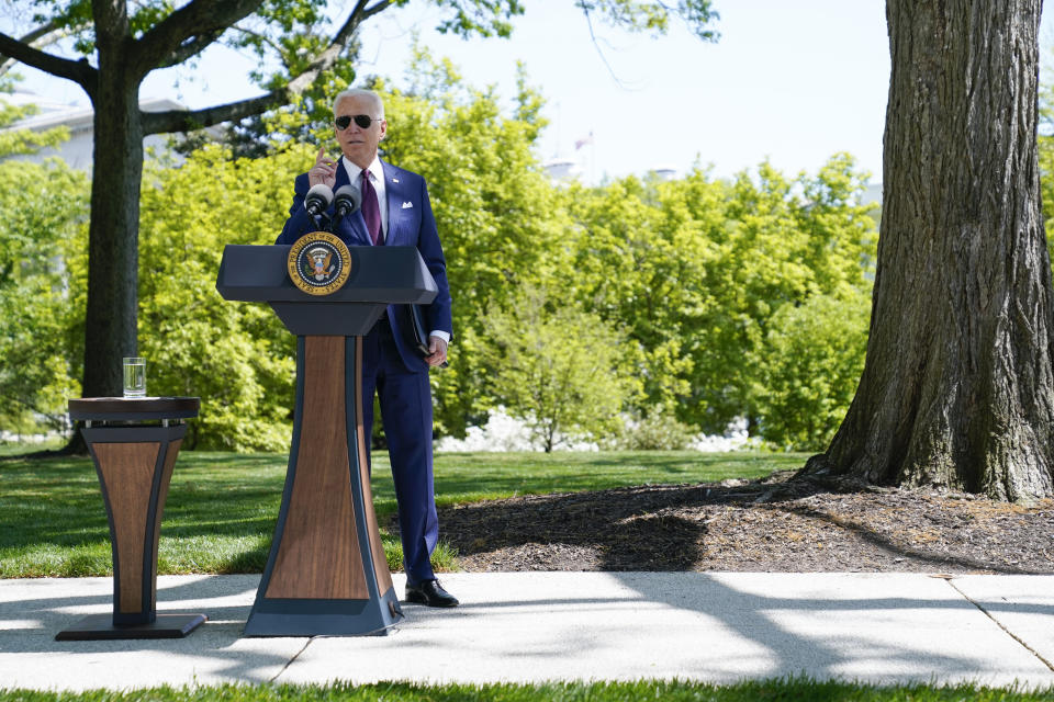 President Joe Biden answers questions from members of the media about COVID-19, on the North Lawn of the White House, Tuesday, April 27, 2021, in Washington. (AP Photo/Evan Vucci)