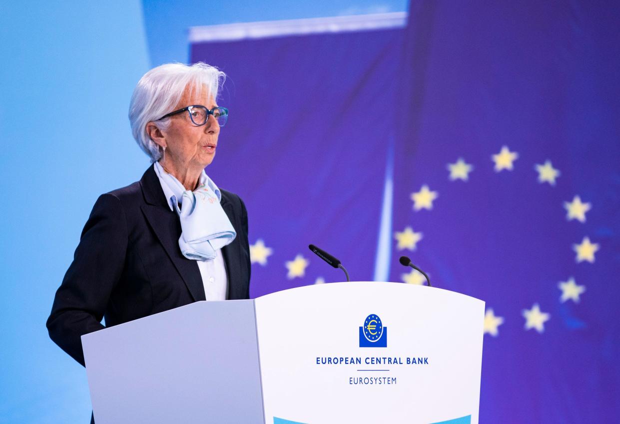 Frankfurt, Germany. 11th Apr, 2024. European Central Bank (ECB) President Christine Lagarde attends a press conference at the ECB headquarters in Frankfurt, Germany, April 11 2024. The European Central Bank (ECB) on Thursday decided to leave key interest rates unchanged after its regular rate-setting meeting here. Credit: Zhang Fan/Xinhua/Alamy Live News