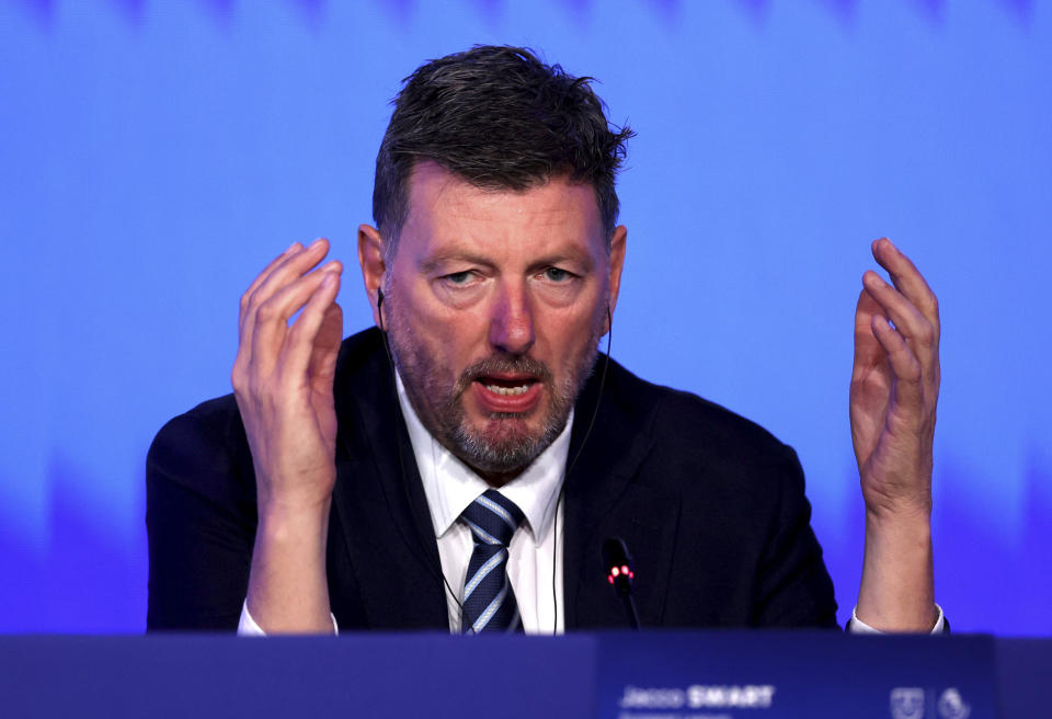 Jacco Swart, Managing Director of the European Leagues, speaks during the 48th European Leagues General Assembly press conference at Nobu Hotel Portman Square, London, Friday April 26, 2024. (Steven Paston/PA via AP)