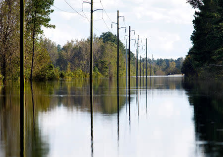 About a mile of flood waters cover a highway and bridge over the Black River in the aftermath of Hurricane Florence, now downgraded to a tropical depression, near Atkinson, North Carolina, U.S., September 18, 2018. REUTERS/Jonathan Drake