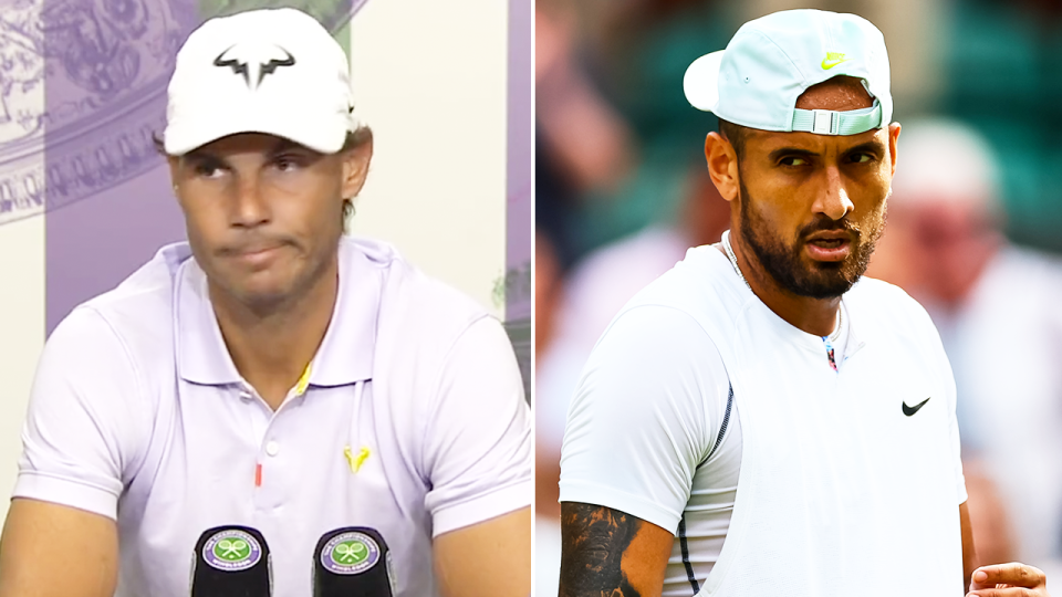 Rafa Nadal (pictured left) announcing his withdrawal from Wimbledon and (pictured right) Nick Kyrgios reacting after a point.