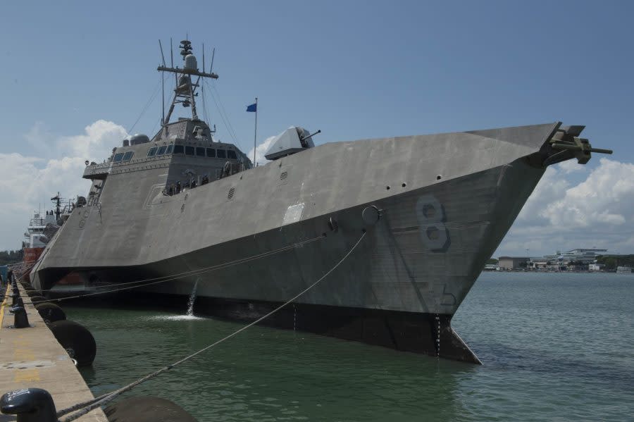 190706-N-NI298-0136 CHANGI NAVAL BASE, Singapore (July 6, 2019) The Independence-variant littoral combat ship USS Montgomery (LCS 8) sits pierside at Changi Naval Base, Singapore, after arriving for a rotational deployment. Montgomery’s arrival in Singapore marks the fourth deployment of littoral combat ships to Southeast Asia. Fast, agile and networked surface combatants, LCS are optimized for operating in the near-shore environments.