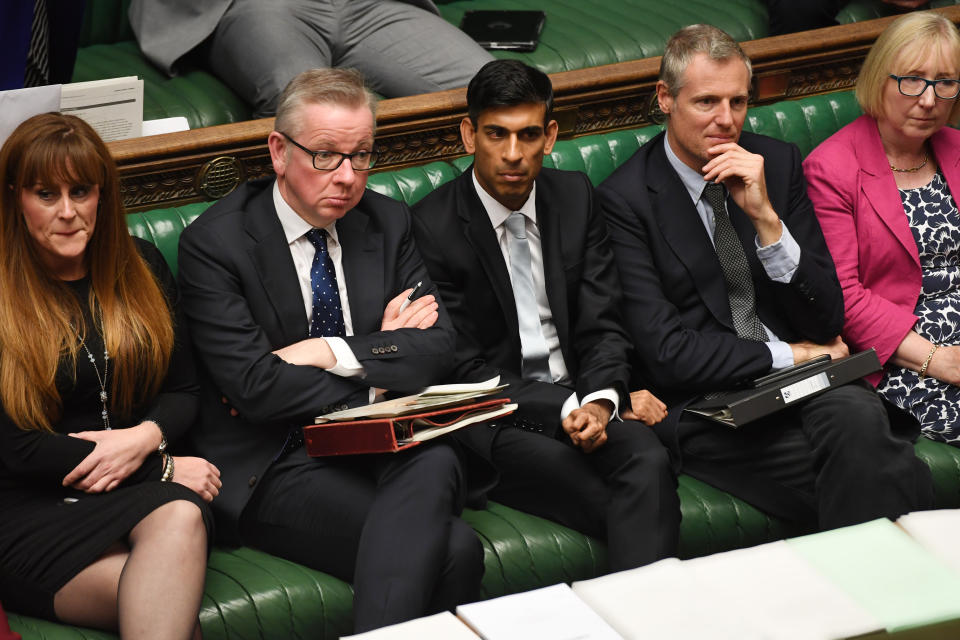 Chancellor of the Duchy of Lancaster Michael Gove (centre left) and Chief Secretary of the Treasury Rishi Sunak during Prime Minister's Questions in the House of Commons, London. (Photo by House of Commons/Jessica Taylor/PA Images via Getty Images)