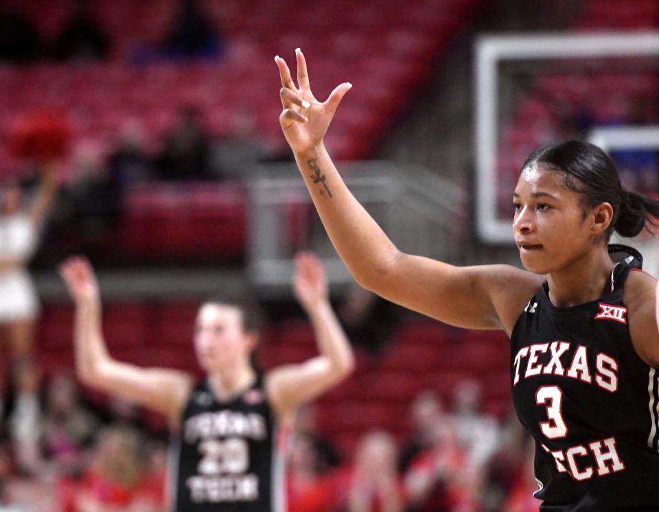 Texas Tech guard Jasmine Shavers (3) gestures after scoring a 3-pointer against Iowa State in a Big 12 basketball game, Wednesday, Jan. 17, 2024, at United Supermarkets Arena.