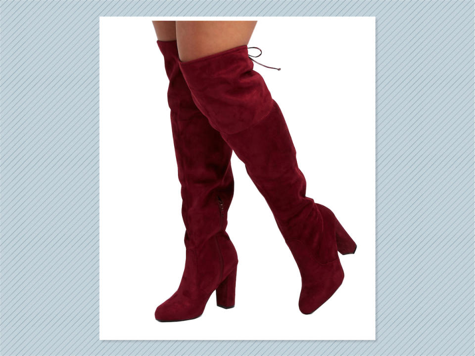 <p>Wide width tie-back over-the-knee boots, $33, <a rel="nofollow noopener" href="https://www.charlotterusse.com/wide-width-tie-back-over-the-knee-boots/302419231.html?cgid=wide-width-boot&dwvar_302419231_color=640#start=22" target="_blank" data-ylk="slk:Charlotte Russe;elm:context_link;itc:0;sec:content-canvas" class="link ">Charlotte Russe</a> (Photo: Charlotte Russe) </p>