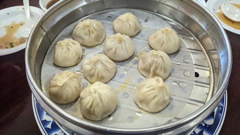 Soup dumplings in metal pan