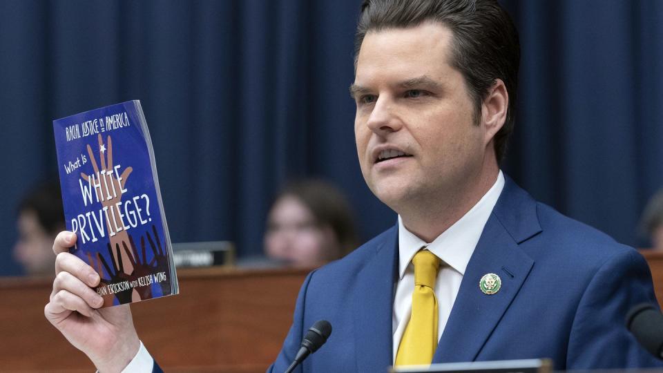 Rep. Matt Gaetz, R-Fla., a vocal DEI detractor, questions Pentagon officials during a House Armed Services Committee hearing on March 29. (Jose Luis Magana/AP)