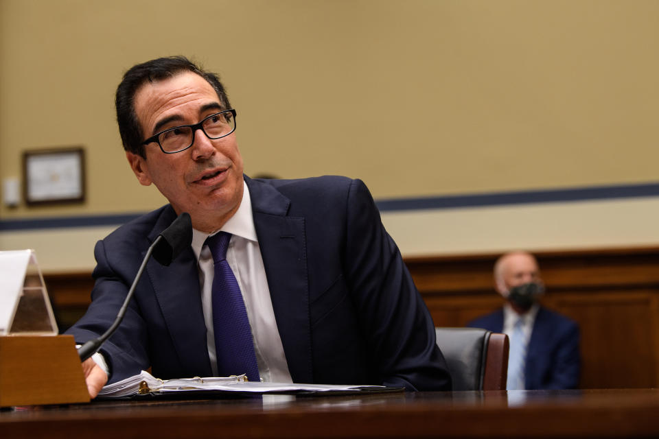 WASHINGTON, DC - SEPTEMBER 01: U.S. Treasury Secretary Steven Mnuchin testifies before the House Select Subcommittee on the Coronavirus Crisis on September 1, 2020 on Capitol Hill in Washington, DC. The hearing will address the need for additional economic relief during the coronavirus (COVID-19) pandemic.  (Nicholas Kamm-Pool/Getty Images)