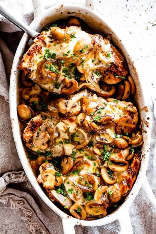 <p>Diethood</p><p>An easy recipe for baked chicken breasts covered in melty mozzarella cheese and layered with deliciously caramelized mushrooms.</p><p><strong>Get the recipe: <a href="https://diethood.com/baked-chicken-mushrooms/" rel="nofollow noopener" target="_blank" data-ylk="slk:Baked Chicken Mushrooms;elm:context_link;itc:0;sec:content-canvas" class="link rapid-noclick-resp"><em>Baked Chicken Mushrooms</em></a></strong></p>
