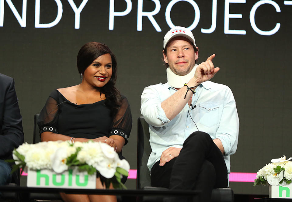 <p>The final season of <i>The Mindy Project</i> was supposed to be the subject of Hulu’s Television Critics Association event in Beverly Hills, but the focus was elsewhere. It was on Barinholtz, who sported a neck brace after breaking his neck, and the pregnant (according to Oprah) Kaling. (Photo: Joe Scarnici/Getty Images for Hulu) </p>