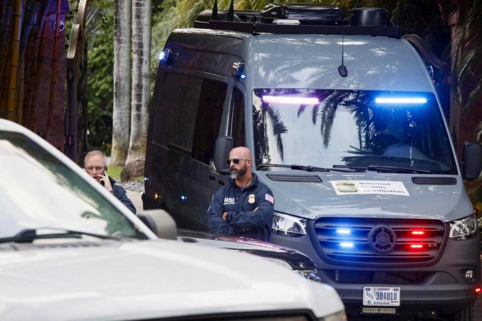 Federal agents outside the two Star Island mansions of Sean ‘Diddy’ Combs on Monday, March 25, 2024, in Miami Beach, Florida. Federal agents raided his two Miami Beach mansions, along with raiding his home in Los Angeles. The raids follow a suit by his ex producer alleging Diddy was engaged in a ‘widespread and dangerous criminal sex trafficking organization Alexia Fodere/for The Miami Herald