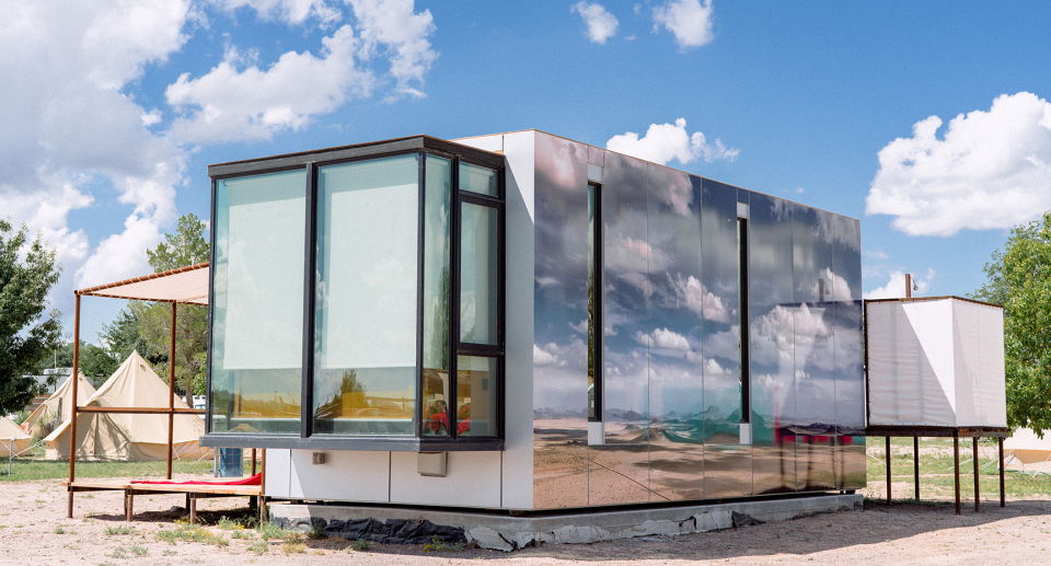 The mirrored Cosmic Kasita at the El Cosmico in Marfa, Texas