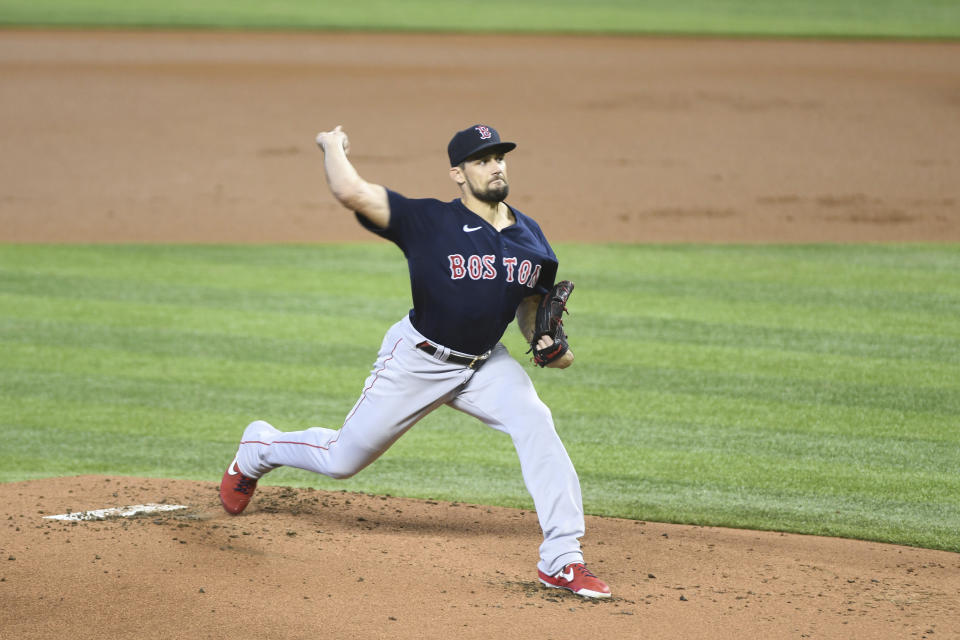 Boston Red Sox pitcher Nathan Eovaldi throws during the first inning of a baseball game against the Miami Marlins, Thursday, Sept. 17, 2020, in Miami. (AP Photo/Gaston De Cardenas)