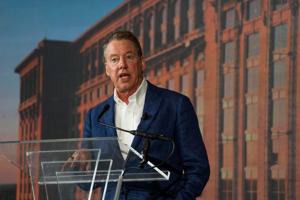 Ford Motor Company Executive Chair Bill Ford speaks to a crowd while sharing details on progress in the district, as well as who will be joining Ford at Michigan Central to help create the future on February 4, 2022, at Michigan Central Station in Detroit.