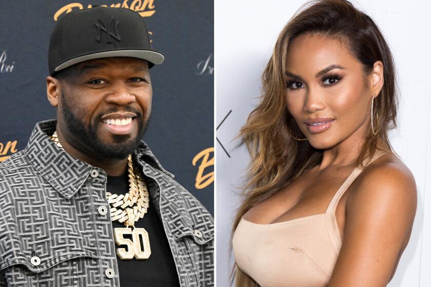 A collage showing rapper 50 Cent and model Daphne Joy