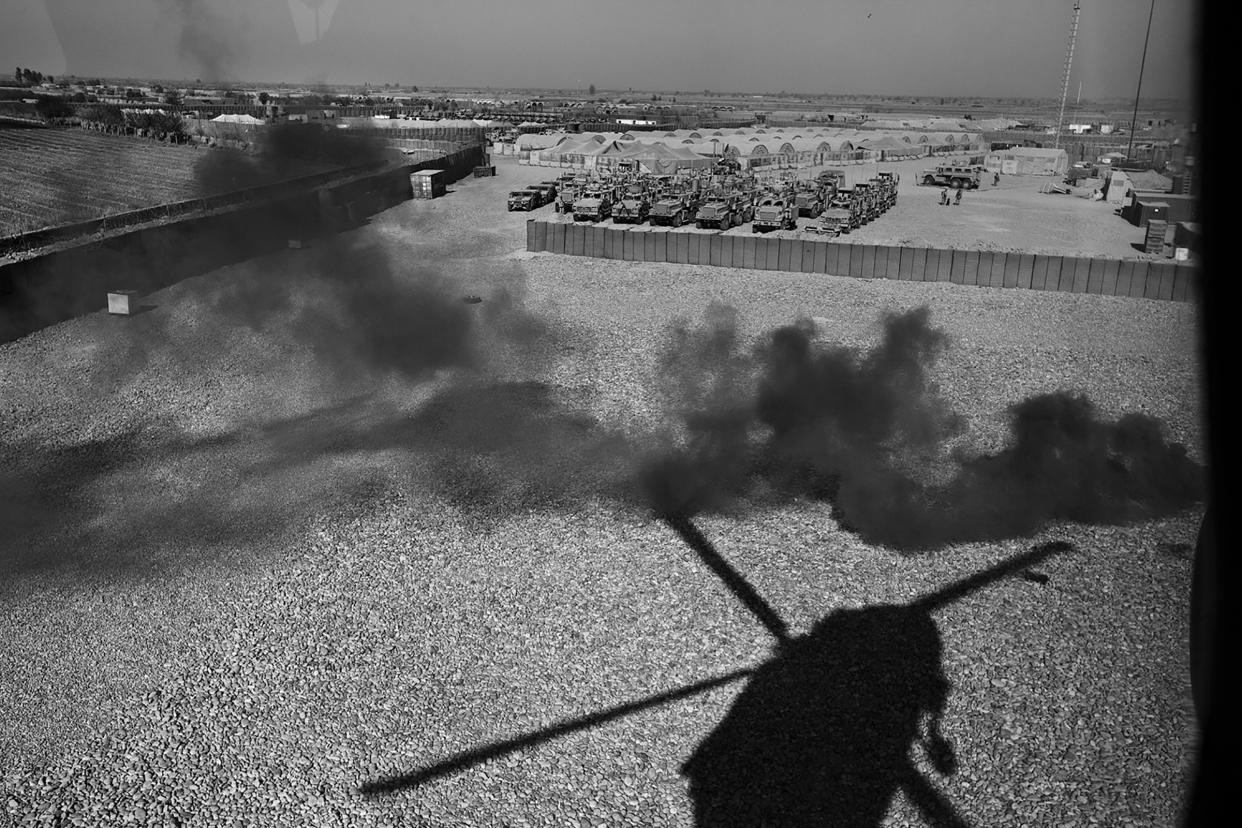 A Black Hawk helicopter lifts off from a base in southern Afghanistan.