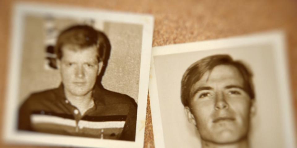 image of two sepia toned photos of two young men on a pegboard