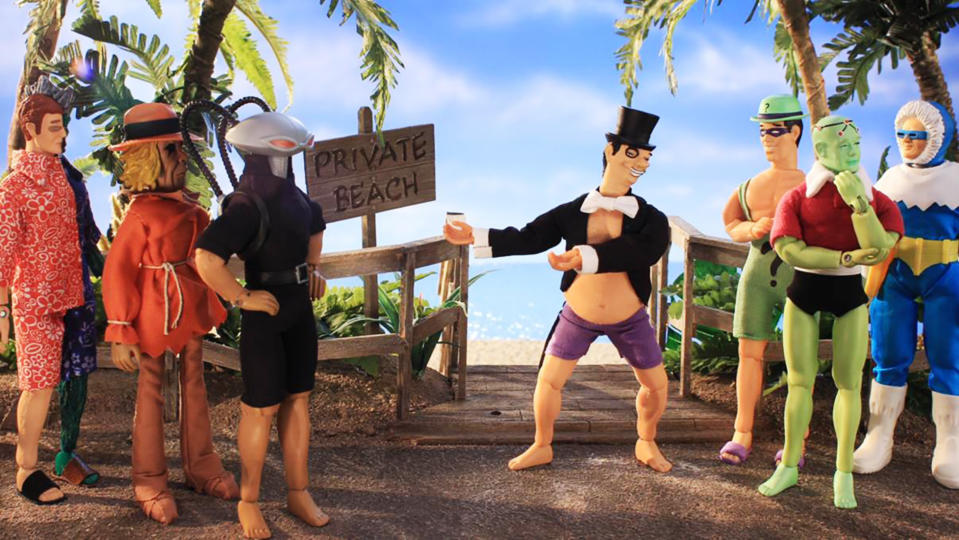 ROBOT CHICKEN DC COMICS SPECIAL 2: VILLAINS IN PARADISE, Two-Face (left), Black Manta (3rd from left), the Penguin (center), Riddler (3rd from right), Brainiac (2nd from right), Mr. Freeze (right), (aired April 6, 2014). photo: ©Adult Swim/Cartoon Network / Courtesy: Everett Collection